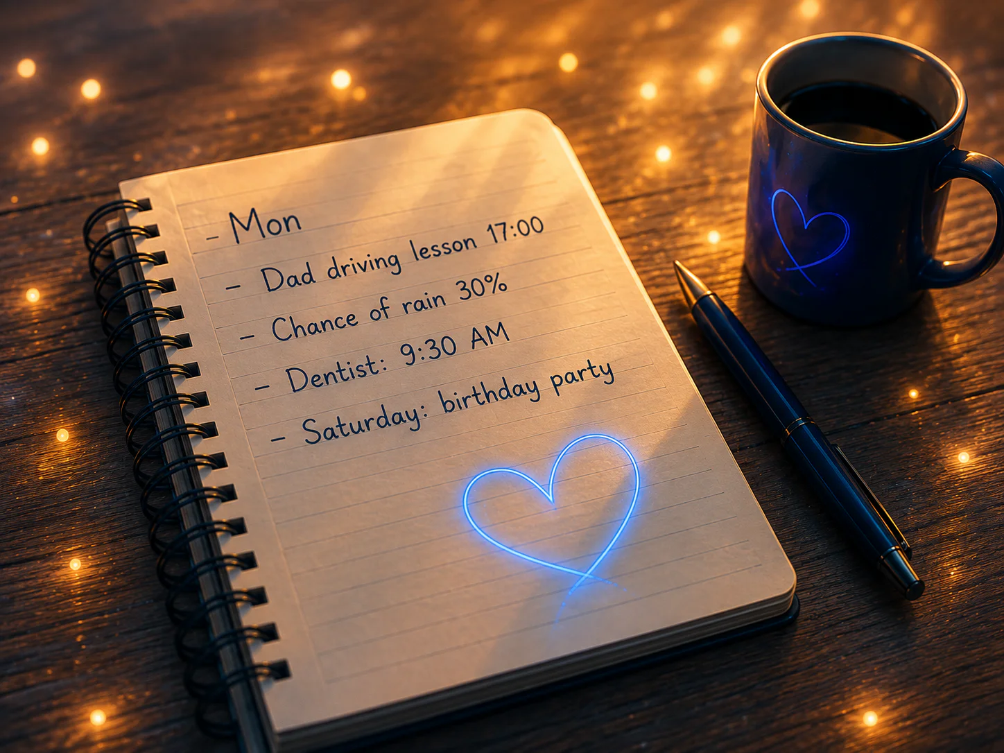 Times and plans can become reassuring points of reference. An open notebook listing times and upcoming plans, including Dad’s driving lesson, a chance of rain, a dentist appointment and a birthday party.
