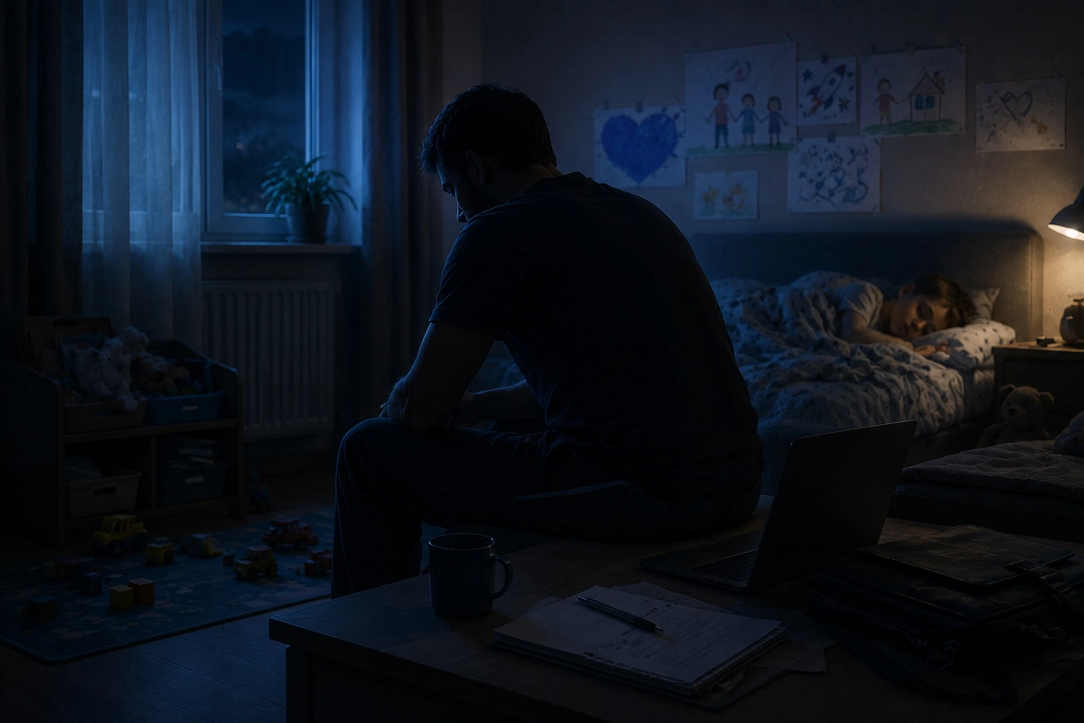 A father sitting alone at night, quietly carrying his worries