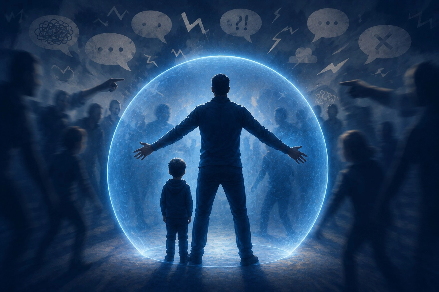 A father standing like a shield before his child, protecting him from a judging world