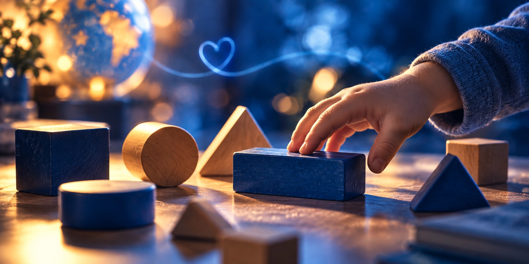 Rectangle – when our children teach us A small child's hand reaching for a blue wooden block, surrounded by blue and natural wooden shapes, with a globe and a glowing blue heart in the background