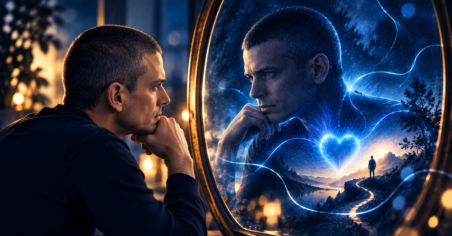 First, understanding ourselves A man resting his chin on his hand and looking into a mirror. His reflection is made of blue light, stars and a glowing blue heart, with a winding path leading towards the mountains behind it