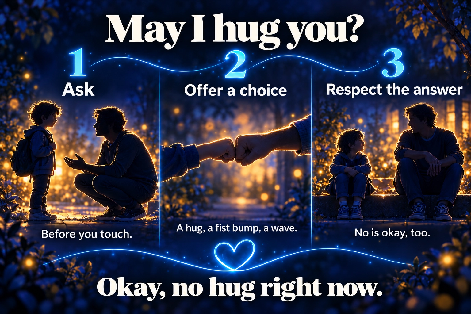 Infographic titled “May I hug you?” in three steps: 1. Ask – before you touch. 2. Offer a choice – a hug, a fist bump, a wave. 3. Respect the answer – no is okay, too. At the bottom: “Okay, no hug right now.”