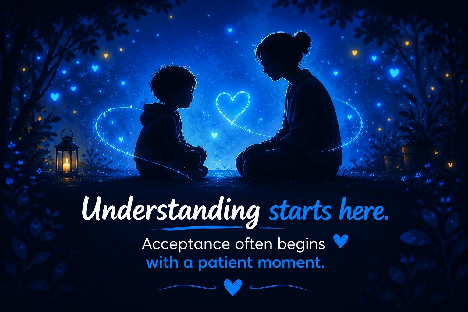 Calm adult and child silhouettes in soft blue light, minimalist illustration about acceptance