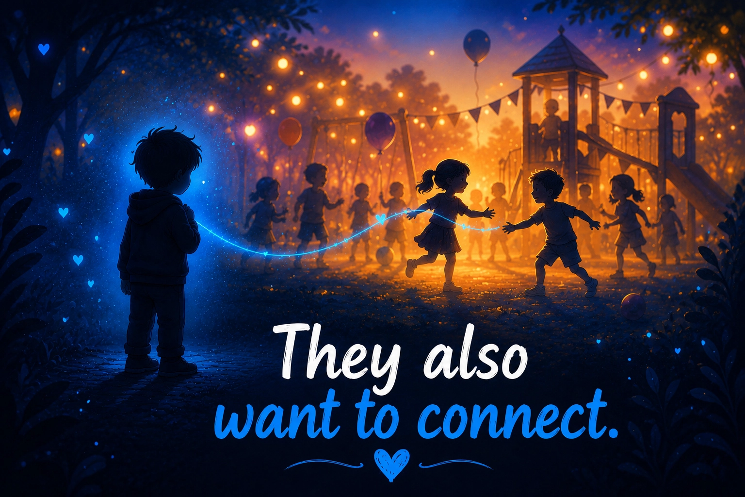 A hesitant child watching other children on a playground, emotional illustration about acceptance and connection