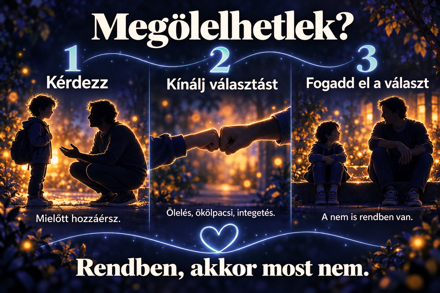 Infografika „Megölelhetlek?” címmel, három lépésben: 1. Kérdezz – mielőtt hozzáérsz. 2. Kínálj választást – ölelés, ökölpacsi, integetés. 3. Fogadd el a választ – a nem is rendben van. Alul: „Rendben, akkor most nem.”