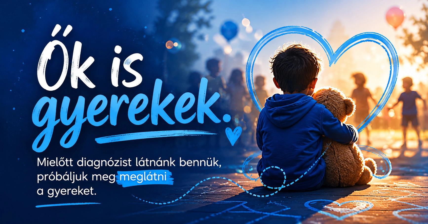 Autista és ADHD-s gyerekeket bemutató érzelmes gyereknapi illusztráció kék tónusokkal