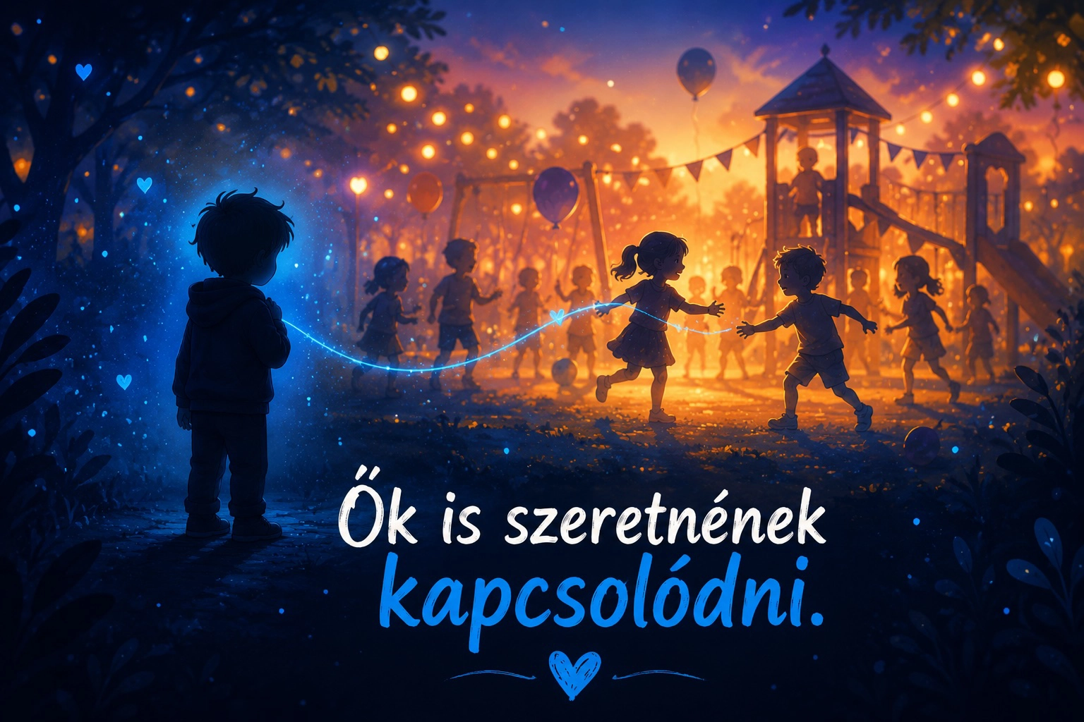 Bizonytalan kisgyerek egy játszótéren más gyerekeket figyelve, az elfogadás és kapcsolódás érzelmes illusztrációja