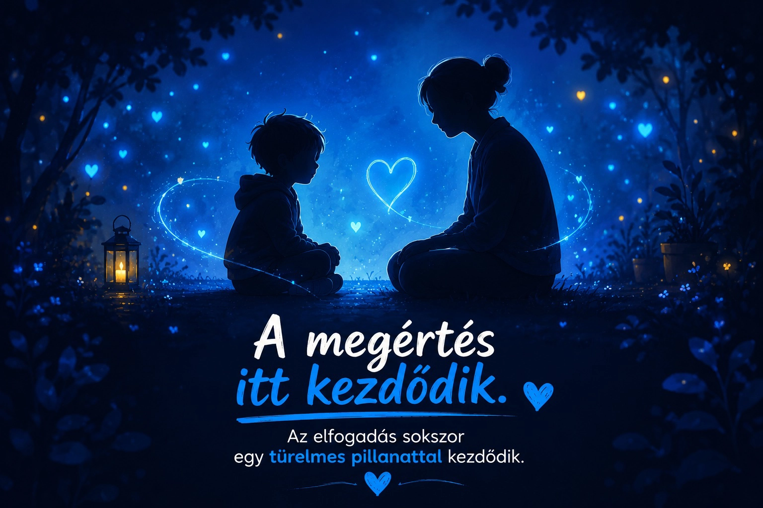 Nyugodt felnőtt és gyermek sziluettje halk kék fényben, az elfogadásról és megértésről szóló minimalista illusztráció