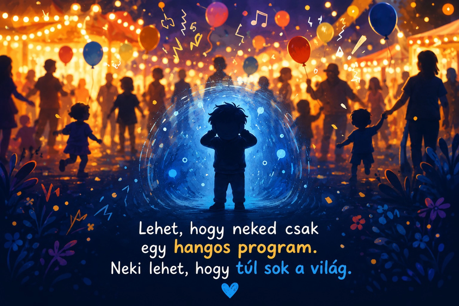 Túlterhelt kisgyerek zajos gyereknapi környezetben filmes illusztráció stílusban