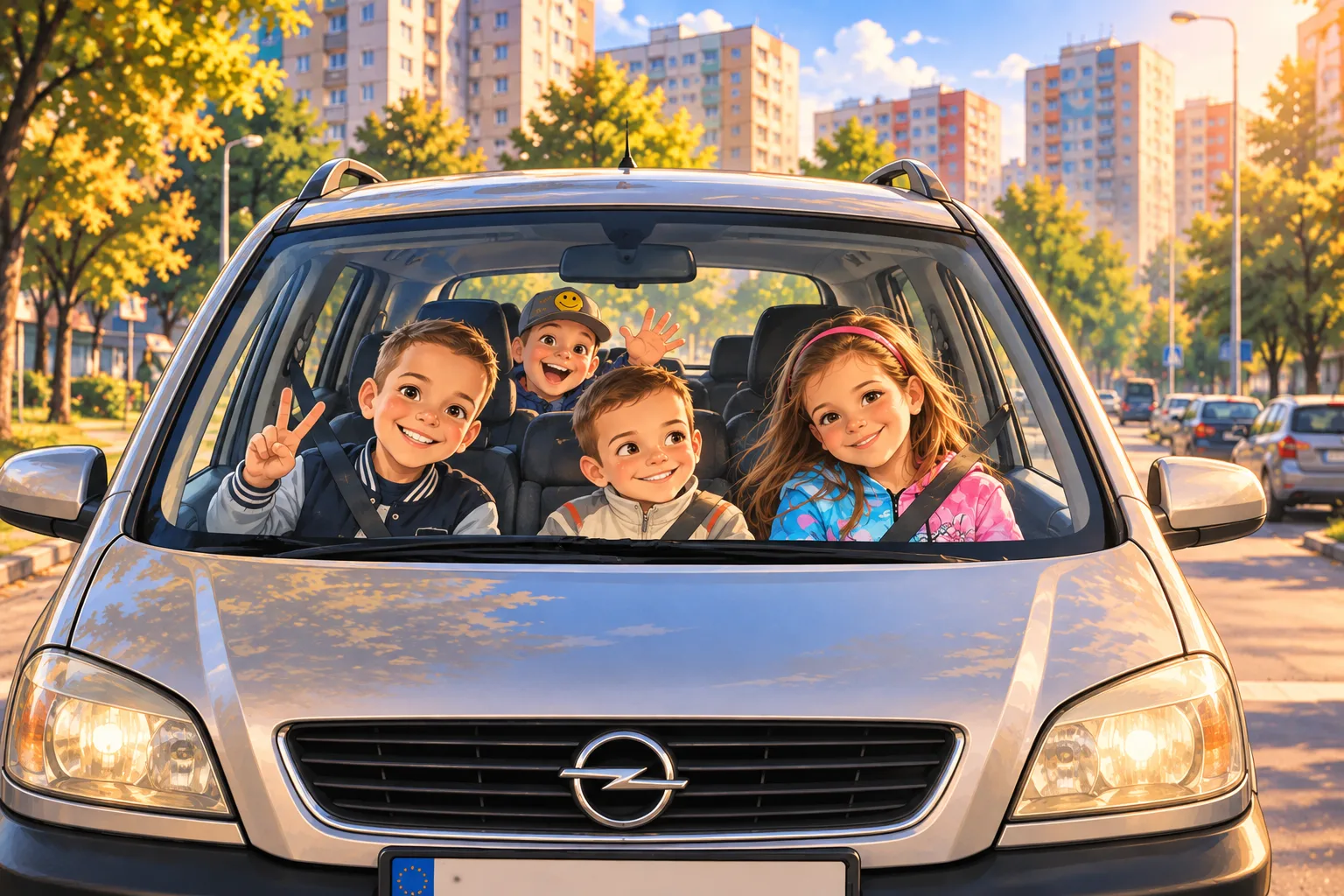 Illustration: a silver Opel Zafira parked among the blocks of flats in Újpalota, with four happy children waving from behind the windscreen in autumn sunshine